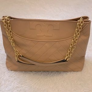Women’s Tory Burch Alexa Quilted Tan Leather Tote Bag Purse Gold Chain Handles